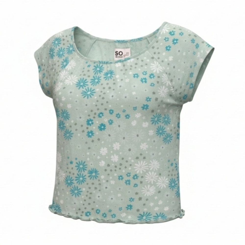 SO Green & Blue Cute Casual Comfy Girls Crop Top with Floral Design EUC Size 7